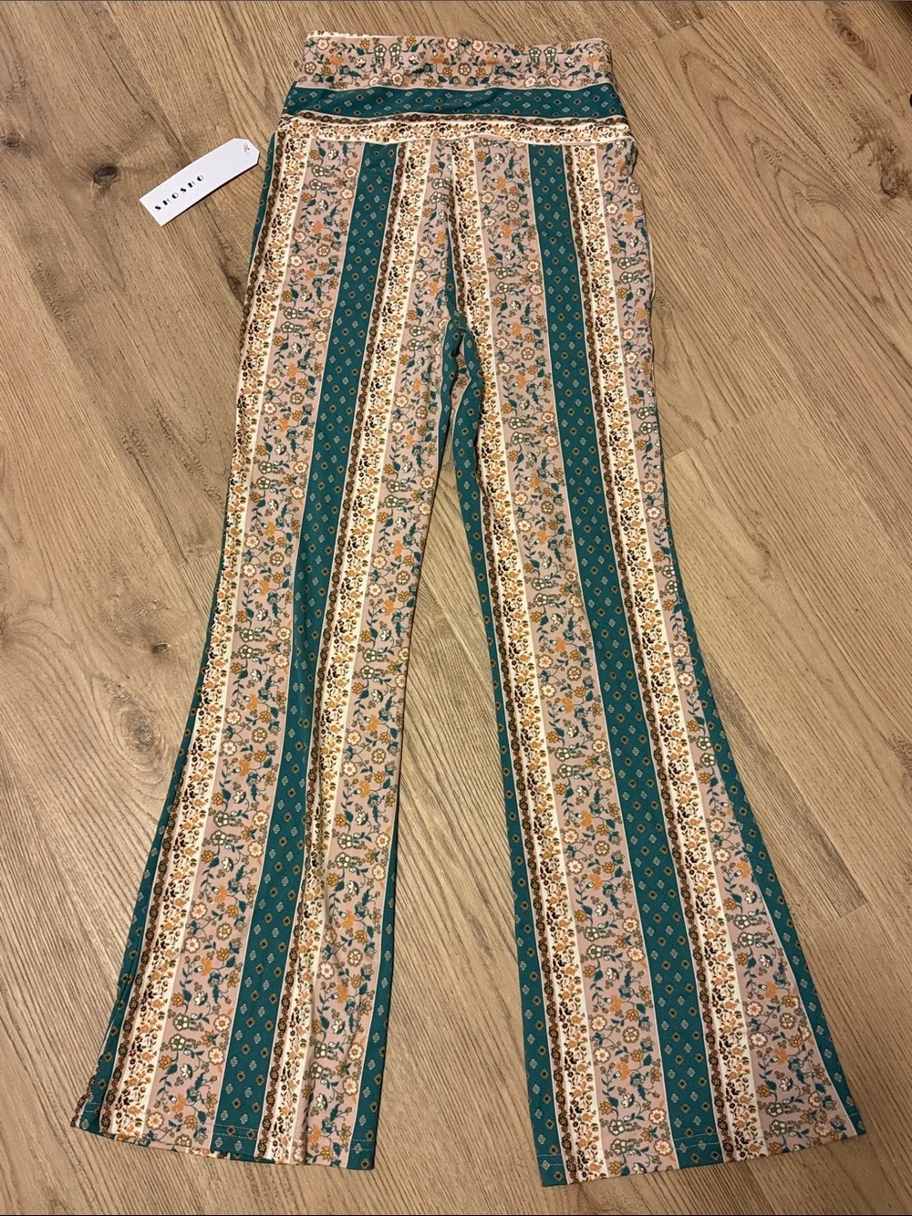shosho Teal and Beige Striped Floral Flare Pants - Picture 5 of 7